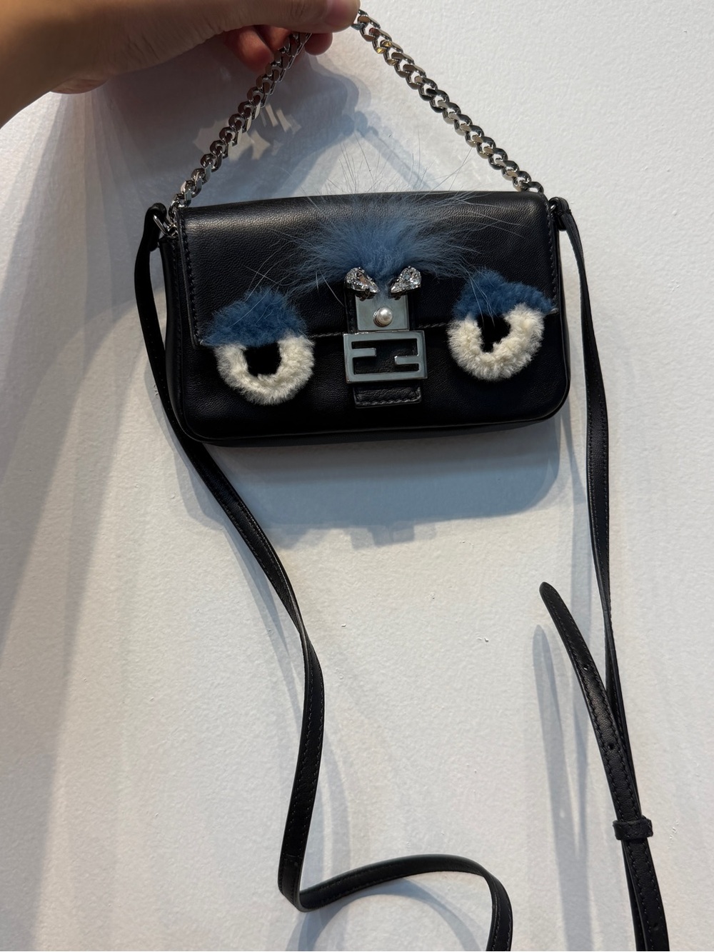Fendi Black Leather Crossbody Bag with Blue & Cream Fur Accents